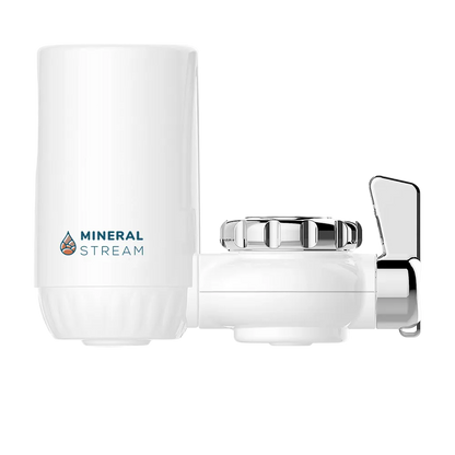 MineralStream Advanced Faucet Water Filter front view of the tap-mounted filter housing